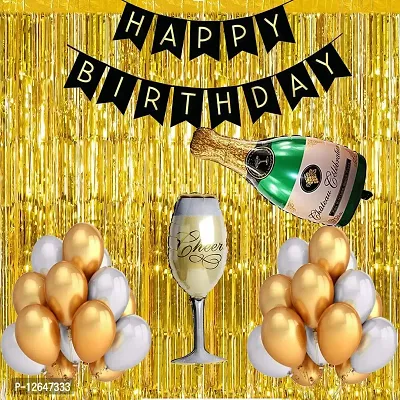 Surprises Planner Happy Birthday Banner, Metallic Balloons, Bottle Glass Foil Balloons, Foil Curtain Birthday Decoration Combo for Boys/Girls/Celebration - Pack of 34