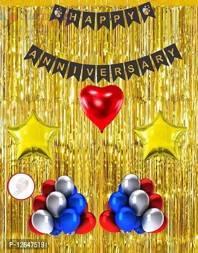 Surprises Planner Anniversary Party Decoration Combo Multicolor Metallic Balloons, Happy Anniversary Banner, Star Heart Foil Balloons, Gold Foil Curtain, Glue Dots - 62 Pcs