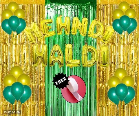 Surprises Planner Golden Green Metallic Balloons, Haldi Mehndi Foil Letters Balloons, Golden Green Fringe Curtains and Glue Dots Haldi/Mehndi Decoration Set for Wedding - Pack of 55