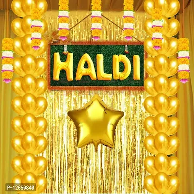 Surprises Planner Golden Yellow Metallic Balloons, Haldi Foil Letters Balloons, Star Foil Balloon, Gold Fringe Curtains Haldi Decoration Set for Wedding/Girls - Pack of 48