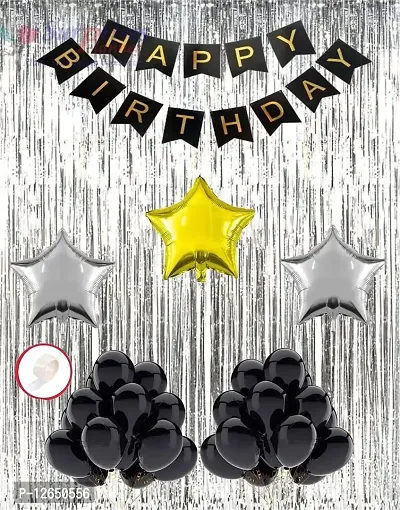 Surprises Planner Happy Birthday/Party Decoration Combo Black Metallic Balloons, Happy Birthday Banner, Star Foil Balloons, Silver Foil Curtain, Glue Dots - 59 Pcs