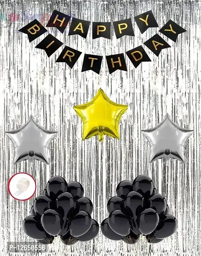 Surprises Planner Happy Birthday/Party Decoration Combo Black Metallic Balloons, Happy Birthday Banner, Star Foil Balloons, Silver Foil Curtain, Glue Dots - 59 Pcs-thumb0