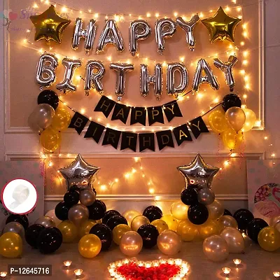 Surprises Planner Birthday Party Decoration Combo Black Gold Silver Metallic Balloons, Happy Birthday Banners, Star Foil Balloons, Glue Dots - Set of 81 Pcs