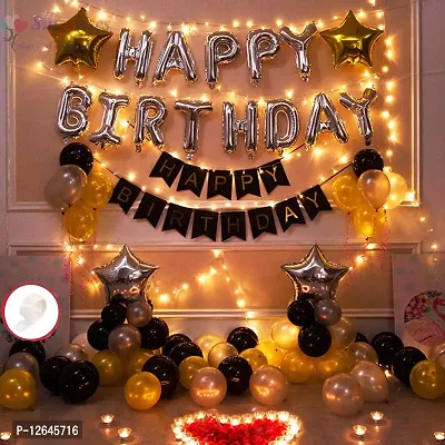 Surprises Planner Birthday Party Decoration Combo Black Gold Silver Metallic Balloons, Happy Birthday Banners, Star Foil Balloons, Glue Dots - Set of 81 Pcs-thumb0