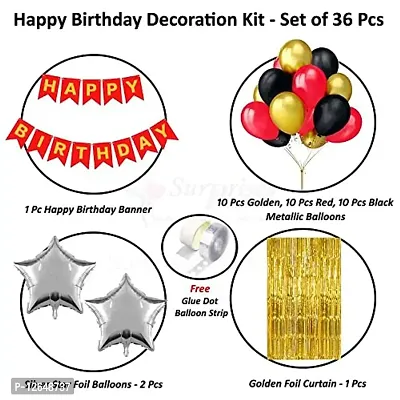 Surprises Planner Birthday Banner, Metallic Balloons, Gold Star Foil Balloons, Foil Curtain, Glue Dot, Arch Strip Birthday Decoration Set for Boys/Girls/Celebration - Pack of 36-thumb2