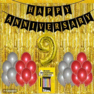 Surprises Planner Anniversary Banner, Metallic Balloons, No.9 Foil Balloon, Gold Foil Curtain, Magic Candles Anniversary Decoration Set for 9th Anniversary/Couples - Pack of 34