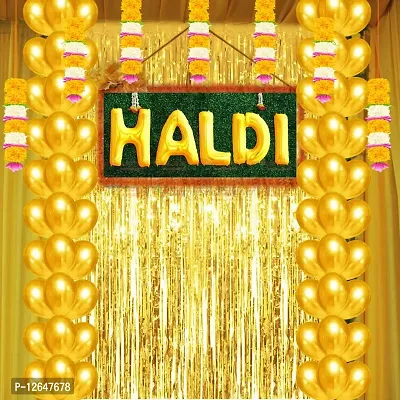 Surprises Planner Golden Yellow Metallic Balloons, Haldi Foil Letters Balloons, Gold Fringe Curtains Haldi Decoration Set for Wedding/Girls - Pack of 47