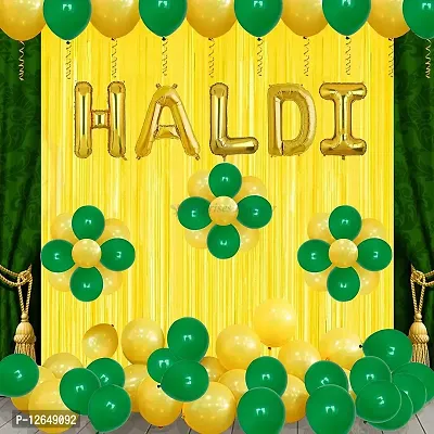 Surprises Planner Golden Yellow Green Metallic Balloons, Haldi Foil Letters Balloons, Gold Fringe Curtains Haldi Decoration Set for Wedding/Girls - Pack of 47