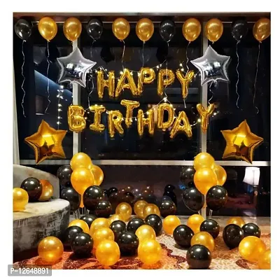 Surprises Planner Happy Birthday Foil Letters Balloons, Gold Silver Star Foil Balloons, Golden Black Metallic Balloons, Glue Dots Birthday Decoration Kit - Pack of 68-thumb0