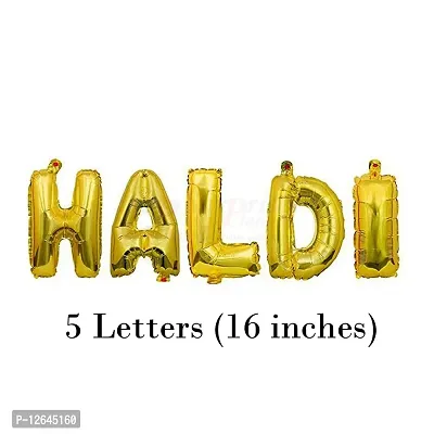 Surprises Planner Golden Yellow Metallic Balloons, Haldi Foil Letters Balloons, Star Foil Balloon, Gold Fringe Curtains, Glue Dots Haldi Decoration Set for Wedding/Girls - Pack of 49-thumb2