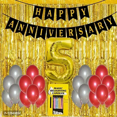 Surprises Planner Anniversary Banner, Metallic Balloons, No.5 Foil Balloon, Gold Foil Curtain, Magic Candles Anniversary Decoration Set for 5th Anniversary/Couples - Pack of 34