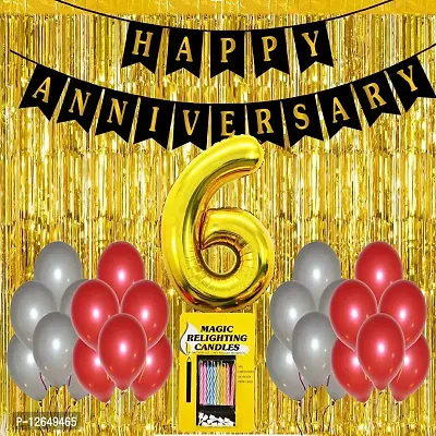 Surprises Planner Anniversary Banner, Metallic Balloons, No.6 Foil Balloon, Gold Foil Curtain, Magic Candles Anniversary Decoration Set for 6th Anniversary/Couples - Pack of 34