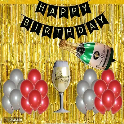 Surprises Planner Happy Birthday Banner, Metallic Balloons, Bottle Glass Foil Balloons, Foil Curtain Birthday Decoration Kit for Boys/Girls/Party/Celebration - Pack of 34