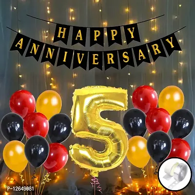Surprises Planner Anniversary Banner, Number 5 Foil Balloons, Metallic Balloons, Arch, Glue Dot Anniversary Decoration Set for Husband/Wife/Home - Pack of 54
