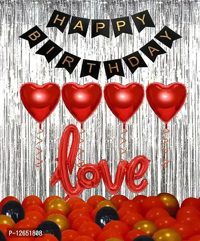 Surprises Planner Birthday Banner, Heart Foil Balloons, Cursive Love Foil Balloon, Metallic Balloons, Fringe Curtain Birthday Combo for Boys/Girls/Celebration - Pack of 37