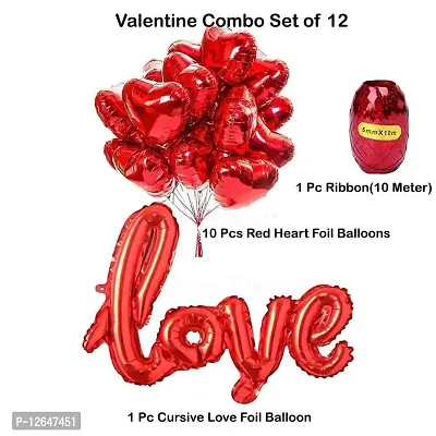 Surprises Planner Red Cursive Love Foil Balloons, Ribbon, Red Heart Foil Balloons Combo for Birthday/Anniversary/Valentine/Decoration - Pack of 12-thumb3