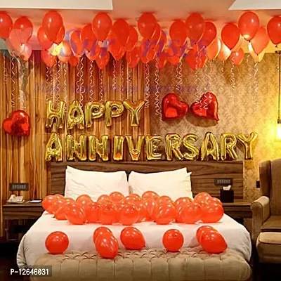 Surprises Planner Happy Anniversary/Party Decoration Combo Orange Metallic Balloons, Happy Anniversary Foil Banner, Heart Foil Balloons - 69 Pcs