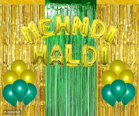 Surprises Planner Golden Green Metallic Balloons, Haldi Mehndi Foil Letters Balloons, Golden Green Fringe Curtains Haldi/Mehndi Decoration Set for Wedding - Pack of 64