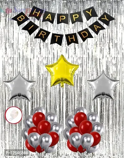Surprises Planner Happy Birthday/Party Decoration Combo Red Silver Metallic Balloons, Happy Birthday Banner, Star Foil Balloons, Silver Foil Curtain, Glue Dots - 59 Pcs