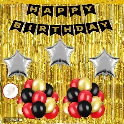 Surprises Planner Birthday Party Decoration Combo Multicolor Metallic Balloons, Happy Birthday Banner, Star Foil Balloons, Gold Foil Curtain, Glue Dots - 59 Pcs-thumb0