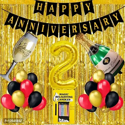Surprises Planner Anniversary Banner, Metallic Balloons, Foil Balloons, No.2 Foil Balloon, Foil Curtain, Magic Candles Decoration Kit for 2nd Anniversary/Husband/Wife/Home - Pack of 36