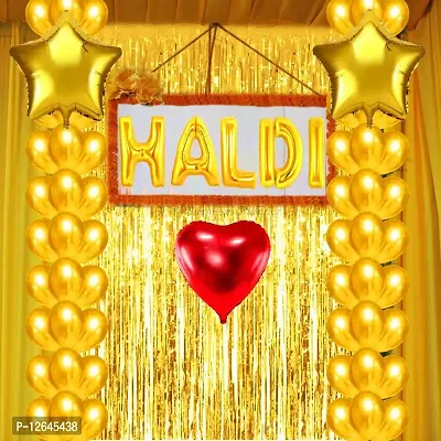 Surprises Planner Golden Yellow Metallic Balloons, Haldi Foil Letters Balloons, Star Heart Foil Balloons, Gold Fringe Curtains Haldi Decoration Set for Wedding/Girls - Pack of 50