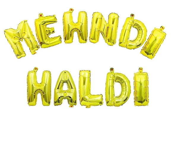 Golden Green Metallic Balloons, Haldi Mehndi Foil Letters Balloons, Golden Green Fringe Curtains and Glue Dots Haldi/Mehndi Decoration Set for Wedding