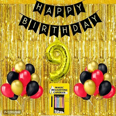 Surprises Planner Birthday Banner, Metallic Balloons, No.9 Foil Balloon, Gold Foil Curtain, Magic Candles Birthday Decoration Kit for 9th Birthday/Boys/Girls/Celebration - Pack of 34