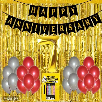 Surprises Planner Anniversary Banner, Metallic Balloons, No.7 Foil Balloon, Gold Foil Curtain, Magic Candles Anniversary Decoration Set for 7th Anniversary/Couples - Pack of 34