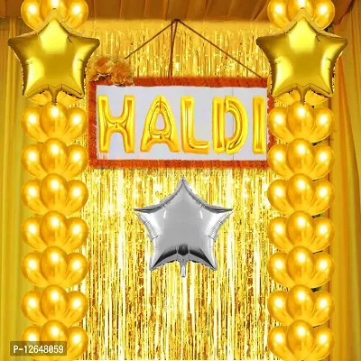Surprises Planner Golden Yellow Metallic Balloons, Haldi Foil Letters Balloons, Star Foil Balloon, Gold Fringe Curtains, Glue Dots Haldi Decoration Set for Wedding/Girls - Pack of 50