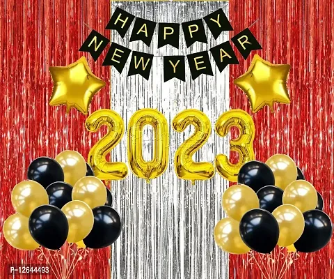 Surprises Planner Happy New Year Banner, Star Foil Balloons, Red Silver Fringe Curtains and Metallic Balloons Happy New Year Decoration Set for New Year Celebration - Pack of 51