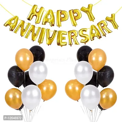 Surprises Planner Happy Anniversary Foil Letters Balloons, Golden Black Silver Metallic Balloons Anniversary Decoration Theme Set - Pack of 66