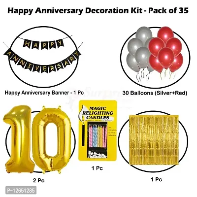 Surprises Planner Anniversary Banner, Metallic Balloons, No.10 Foil Balloon, Gold Foil Curtain, Magic Candles Anniversary Decoration Set for 10th Anniversary/Couples - Pack of 35-thumb2