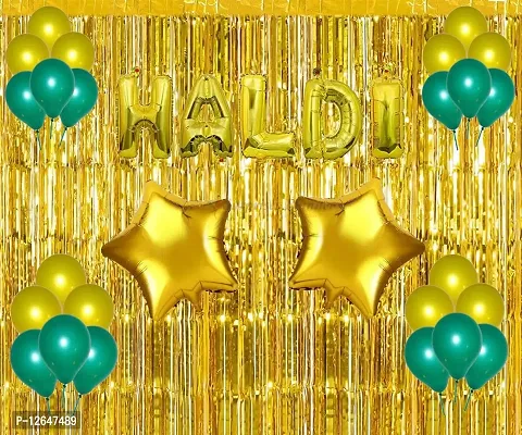 Surprises Planner Golden Green Metallic Balloons, Haldi Foil Letters Balloons, Star Foil Balloons, Golden Green Fringe Curtains Haldi Decoration Set for Wedding/Girls - Pack of 49-thumb0