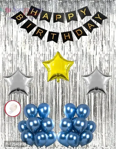 Surprises Planner Happy Birthday/Party Decoration Combo Blue Metallic Balloons, Happy Birthday Banner, Star Foil Balloons, Silver Foil Curtain, Glue Dots - 59 Pcs