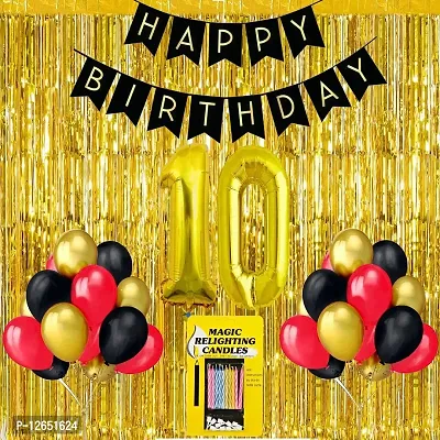 Surprises Planner Birthday Banner, Metallic Balloons, No.10 Foil Balloon, Gold Foil Curtain, Magic Candles Birthday Decoration Kit for 10th Birthday/Boys/Girls/Celebration - Pack of 35