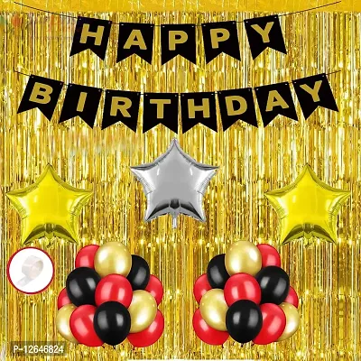 Surprises Planner Birthday/Party Decoration Combo Multicolor Metallic Balloons, Happy Birthday Banner, Star Foil Balloons, Gold Foil Curtain, Glue Dots Tape - 59 Pcs-thumb0