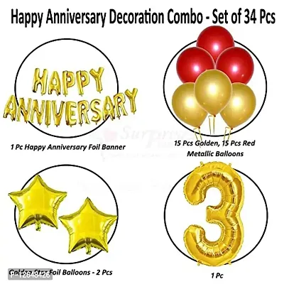 Surprises Planner Happy Anniversary Foil Banner, Metallic Balloons, Star Foil Balloons, No.3 Foil Balloon Anniversary Decoration Set for 3rd Husband/Wife/Celebration - Pack of 34-thumb2