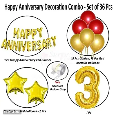 Surprises Planner Anniversary Foil Banner, Metallic Balloons, Star Foil Balloons, No.3 Foil Balloon, Glue Dot, Arch Strip Decoration Set for 3rd Anniversary/Couples- Pack of 34-thumb2