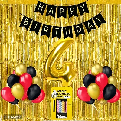 Surprises Planner Birthday Banner, Metallic Balloons, No.4 Foil Balloon, Gold Foil Curtain, Magic Candles Birthday Decoration Kit for 4th Birthday/Boys/Girls/Celebration - Pack of 34