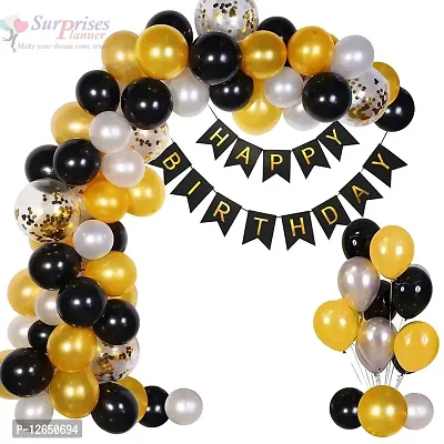 Surprises Planner Happy Birthday/Party Decoration Combo Black Gold Silver Metallic Balloons, Confetti Balloons, Happy Birthday Banner, Glue Dots - Set of 69 Pcs