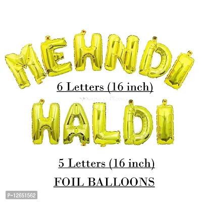 Surprises Planner Golden Green Metallic Balloons, Haldi Mehndi Foil Letters Balloons, Golden Green Fringe Curtains Haldi/Mehndi Decoration Set for Wedding - Pack of 64-thumb2