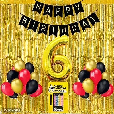 Surprises Planner Birthday Banner, Metallic Balloons, No.6 Foil Balloon, Gold Foil Curtain, Magic Candles Birthday Decoration Kit for 6th Birthday/Boys/Girls/Celebration - Pack of 34