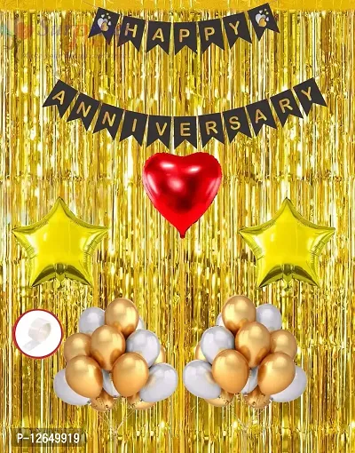 Surprises Planner Happy Anniversary Decoration Combo Multicolor Metallic Balloons, Happy Anniversary Banner, Star Heart Foil Balloons, Gold Foil Curtain, Glue Dots - 62 Pcs