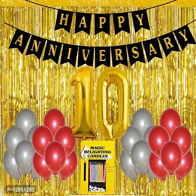 Surprises Planner Anniversary Banner, Metallic Balloons, No.10 Foil Balloon, Gold Foil Curtain, Magic Candles Anniversary Decoration Set for 10th Anniversary/Couples - Pack of 35