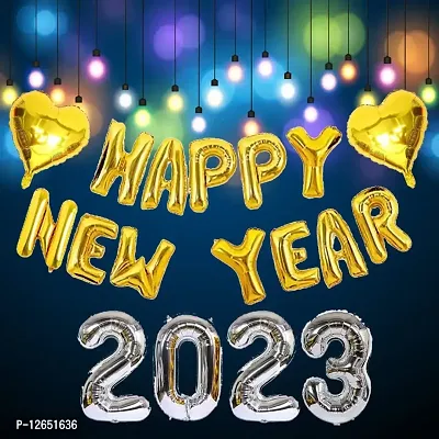 Surprises Planner Happy New Year 2023 Foil Balloons and Golden Heart Foil Balloons New Year Decoration Items for New Year Celebration/Party - Pack of 18