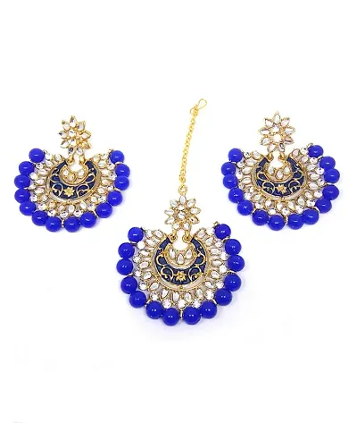 Pretty Plated Kundan-Beads Maang Tika & Earrings Set