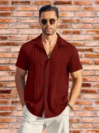 Elegant Blend Self Pattern Short Sleeves Casual Shirts For Men