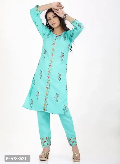 Cotton Embroidered With Floral Printed Straight Kurta With Pant Set-thumb0