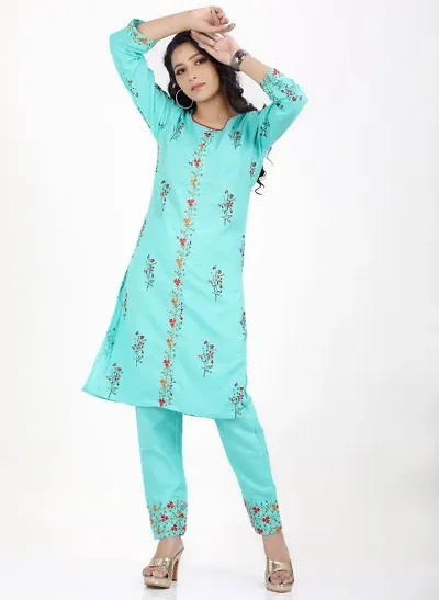 Cotton Embroidered Straight KurtI With Pant Set